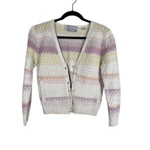 Needlework Sweater Women M Cream Cardigan Striped Knit Y2K Retro Granny 80s